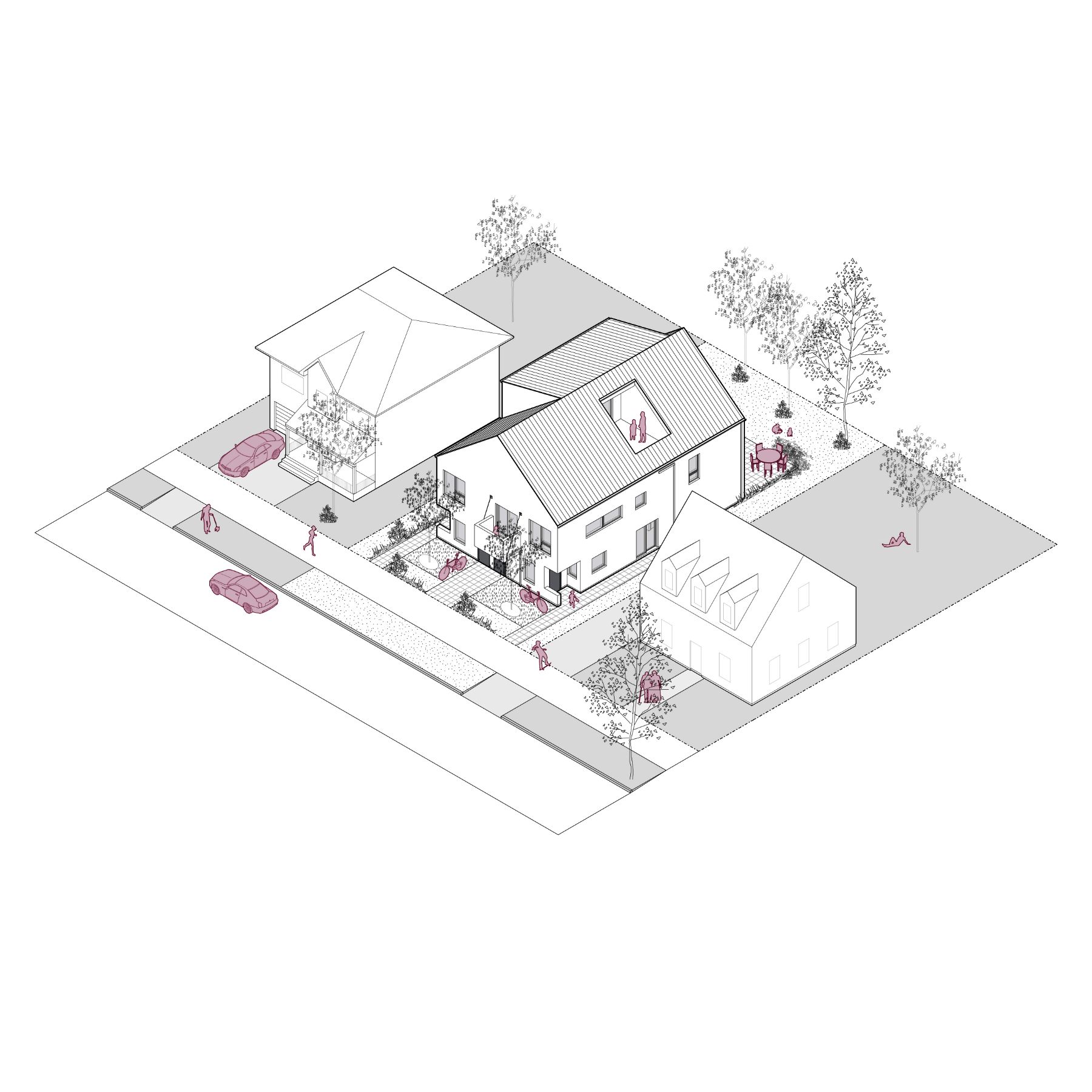 Rendu filaire 3D d’un quadruplex de trois étages, d’une superficie d’environ 1 658 pieds carrés. L’image montre l’intégration de l'immeuble dans un quartier résidentiel et met en relief les quatre logements comptant une, deux ou trois chambres. 